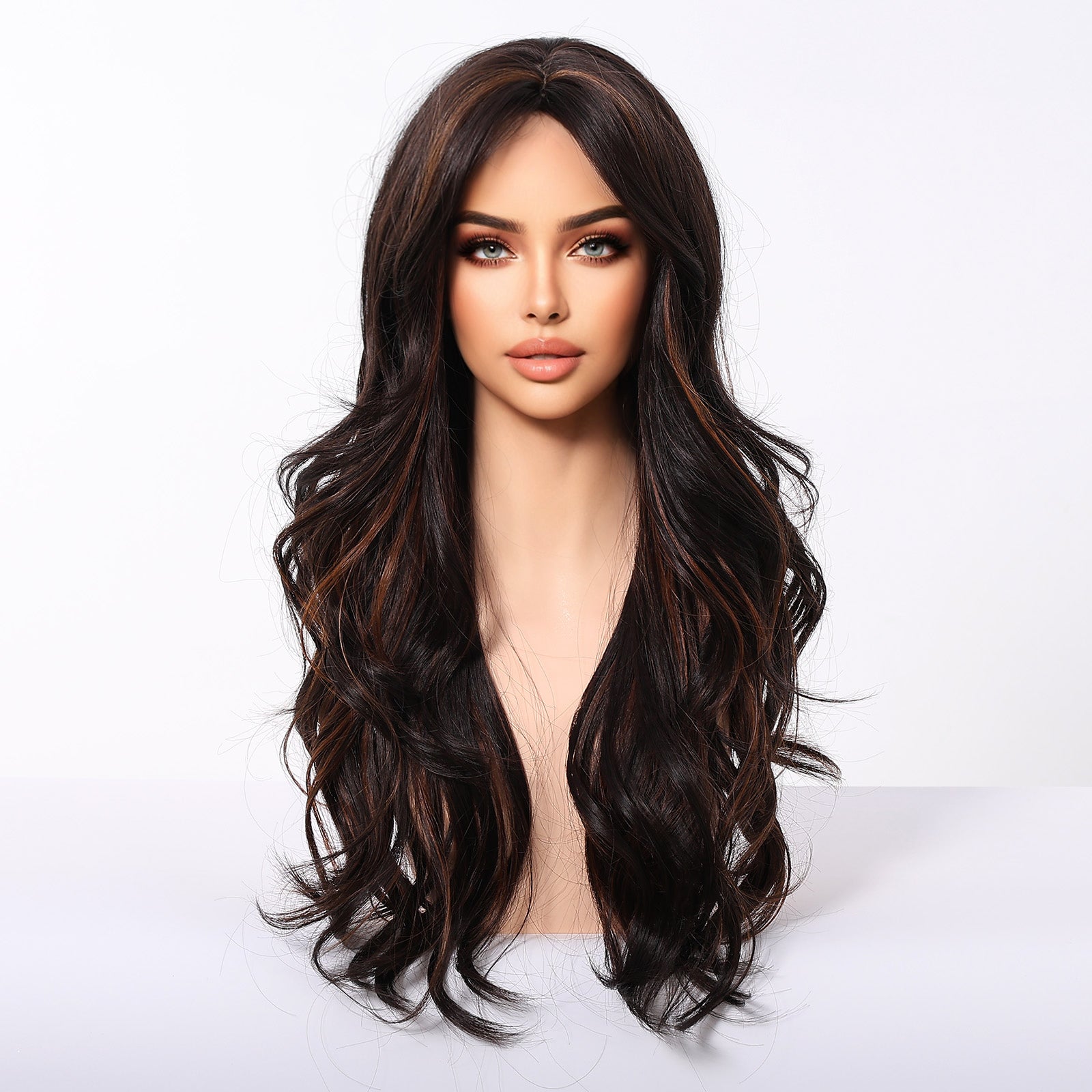 Dark Brown Long Deep Wave Wig with Bangs - Warm Chestnut Highlighted Synthetic Hair 24 Inch - Synthetic Wig view 4