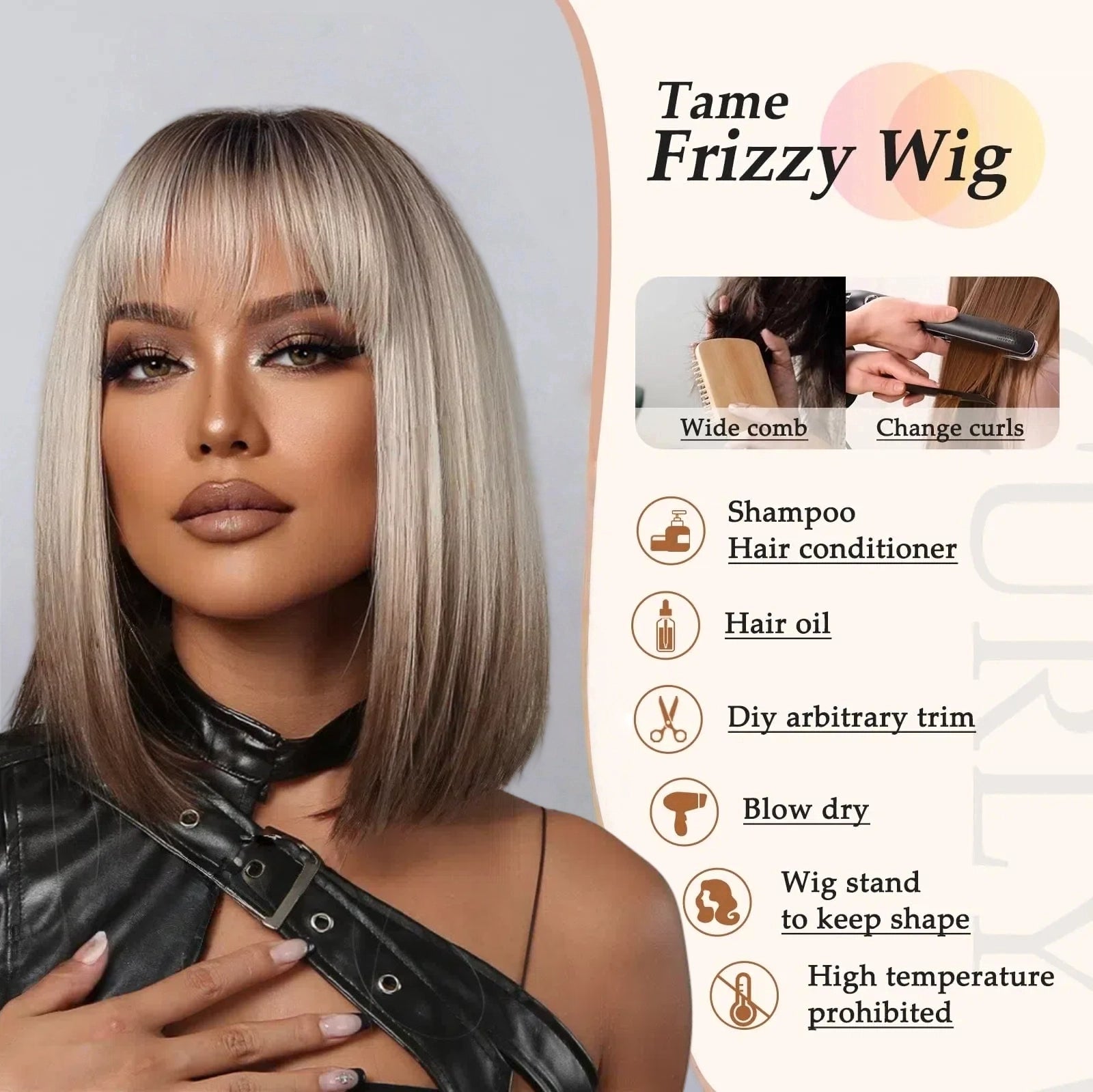 Ash Blonde Rooted Short Bob Wig - Dark Root Silver Tip Synthetic Hair - Synthetic Wig