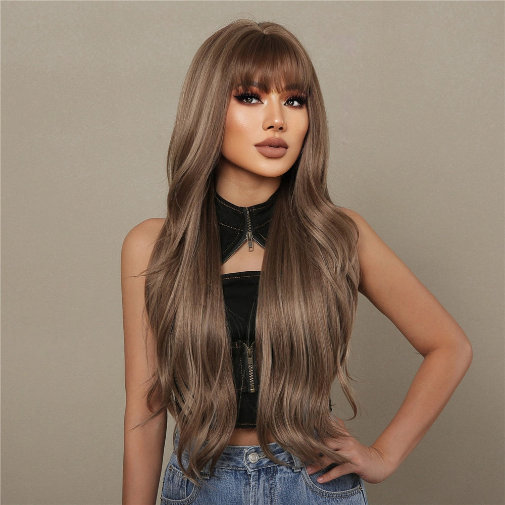 Mushroom Brown Caramel Body Wave Wig with Bangs - Cool Highlighted Synthetic Hair 24 Inch - Synthetic Wig view 6
