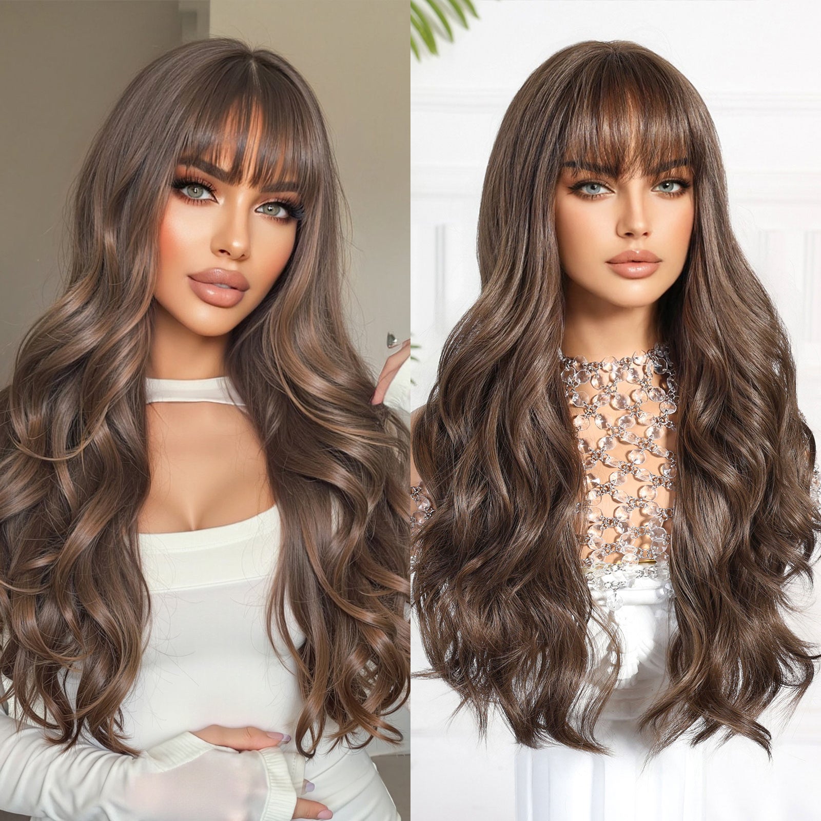 Chestnut Brown Caramel Long Deep Wave Wig with Bangs - Warm Dimensional Synthetic Hair - Synthetic Wig view 1