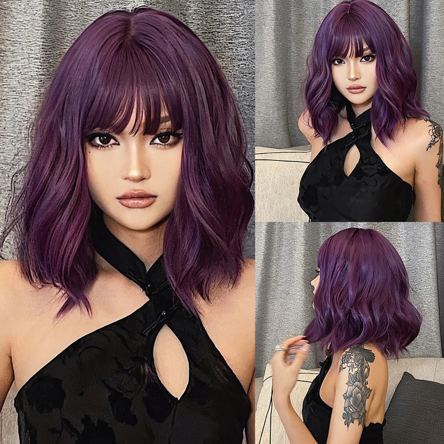 Deep Purple Body Wave Wig with Bangs - Vivid Fashion Color Synthetic Hair - Synthetic Wig view 1