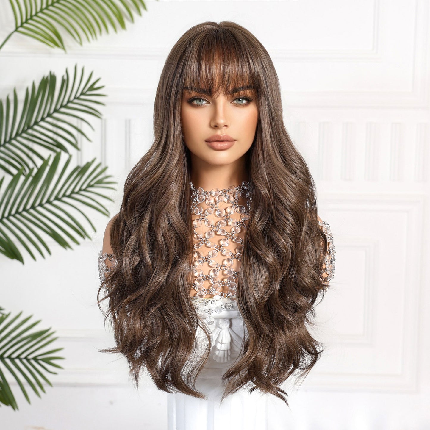 long chestnut brown body wave with bangs synthetic wig back view