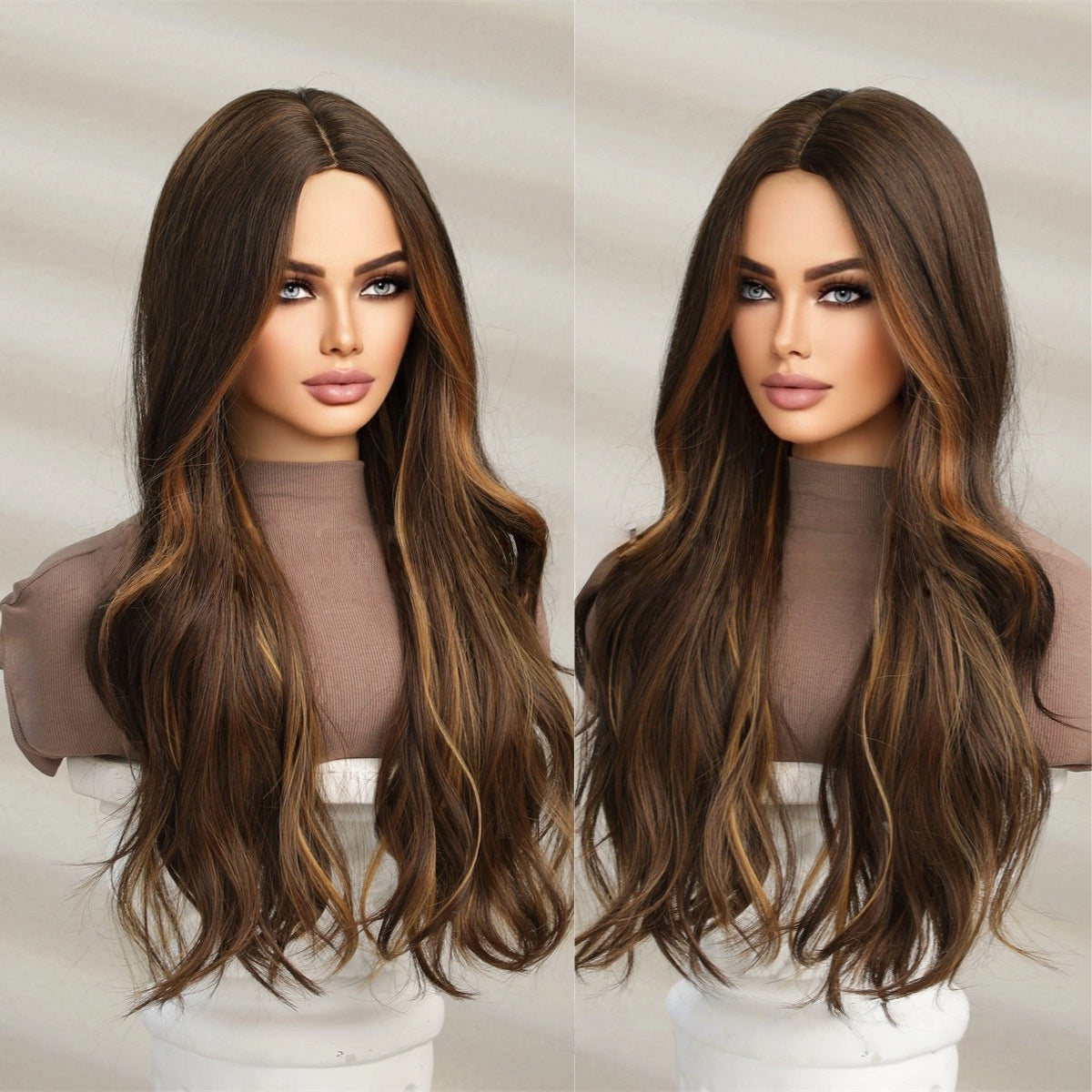 long medium brown wavy synthetic wig styling view