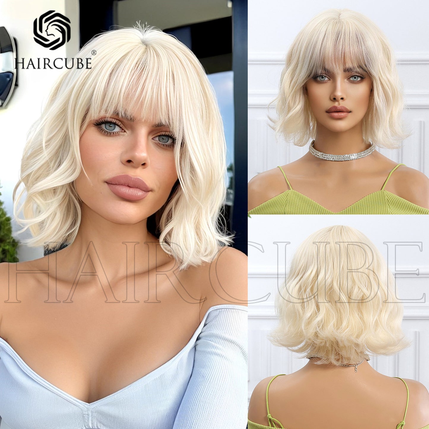 Platinum Blonde Short Bob Wig with Bangs - Uniform Icy Tone Body Wave 10 Inch - Synthetic Wig view 1