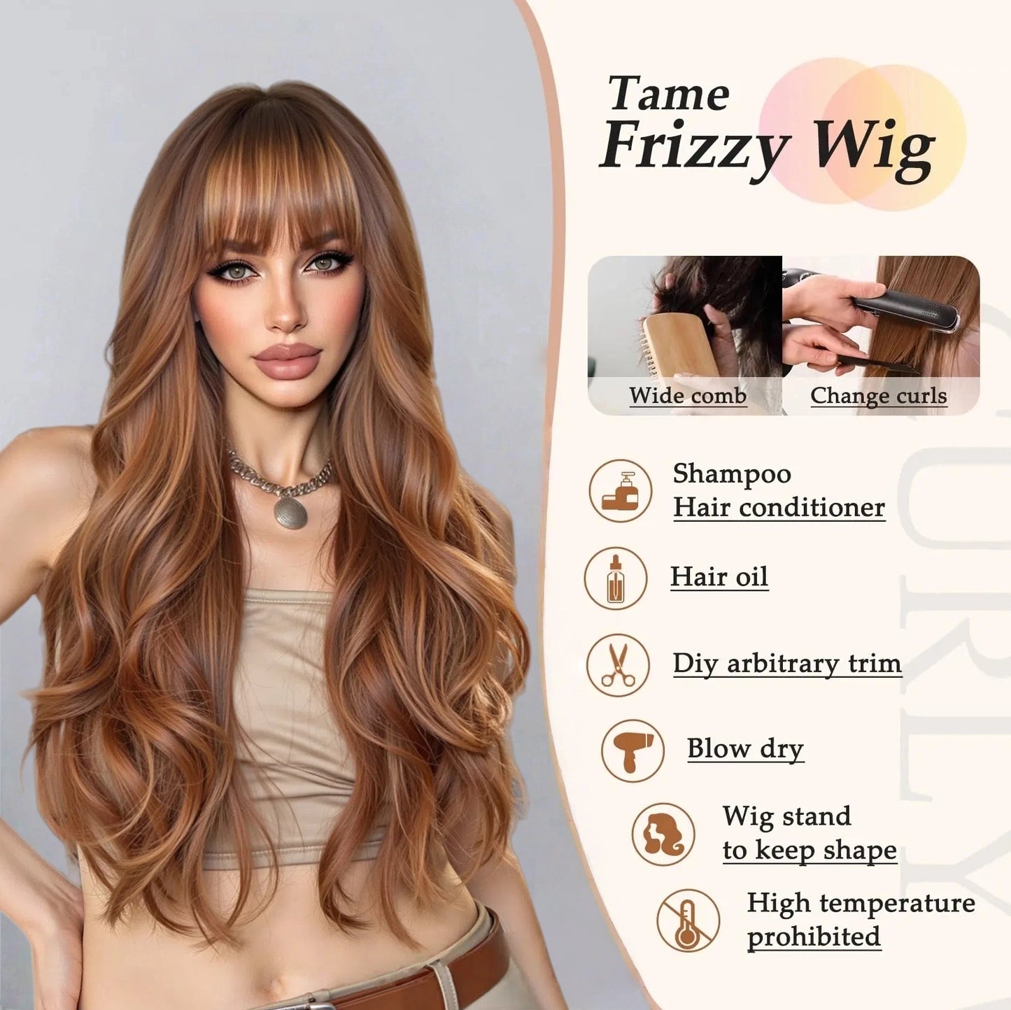 Warm Brown Caramel Long Body Wave Wig - Balayage Highlighted Synthetic Hair - Synthetic Wig