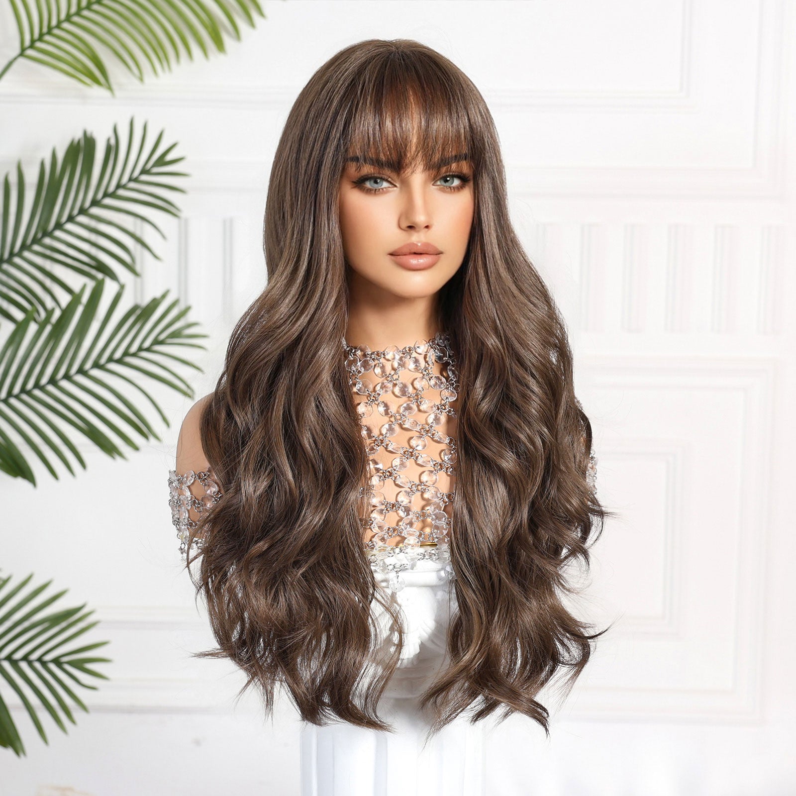 long chestnut brown body wave with bangs synthetic wig hair texture detail