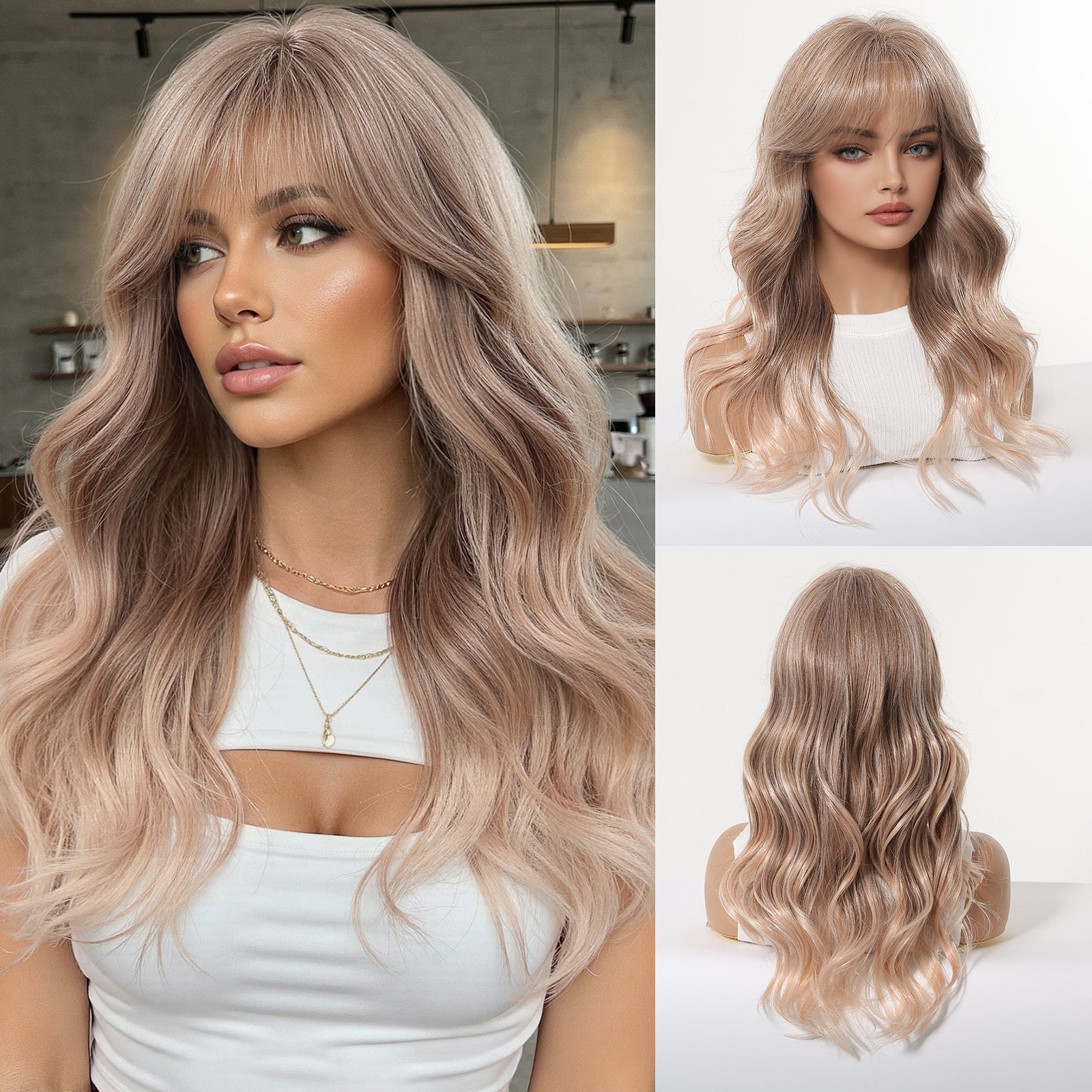 Ash Blonde Body Wave Wig with Bangs - Synthetic Wig