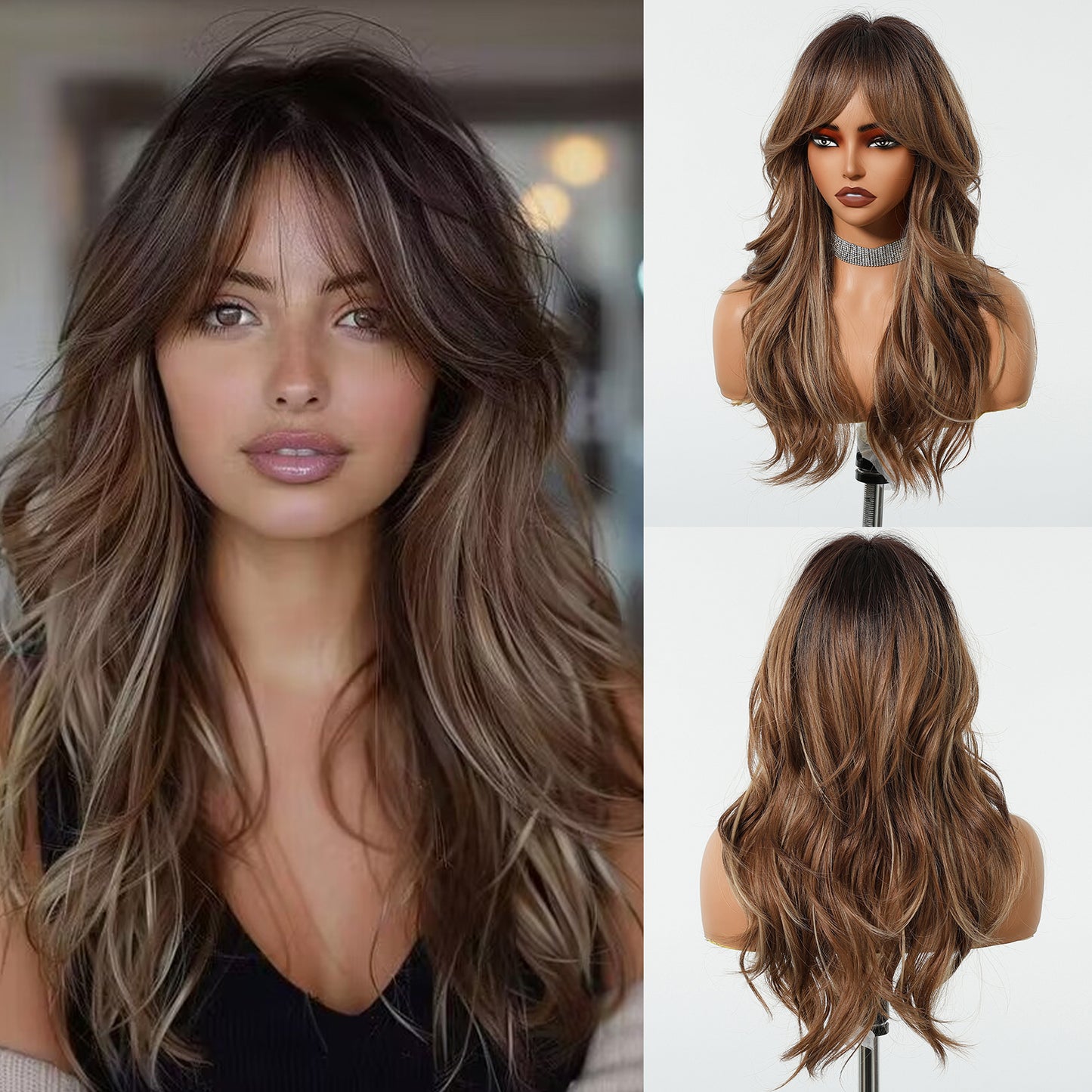 Warm Chestnut Brown Long Wavy Wig with Bangs - Layered Synthetic Hair - Synthetic Wig view 1