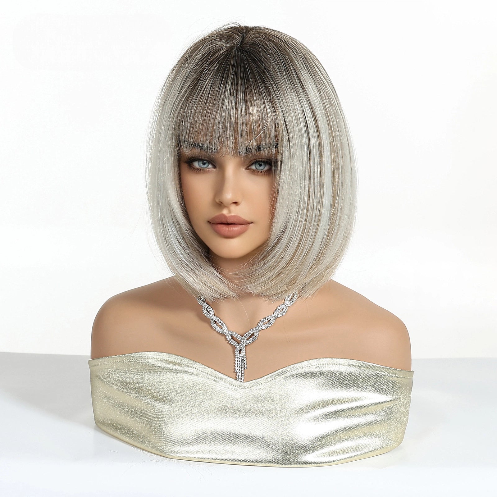 Ash Blonde Short Bob Wig with Bangs - Polished Cool Synthetic Hair 12 Inch - Synthetic Wig view 2