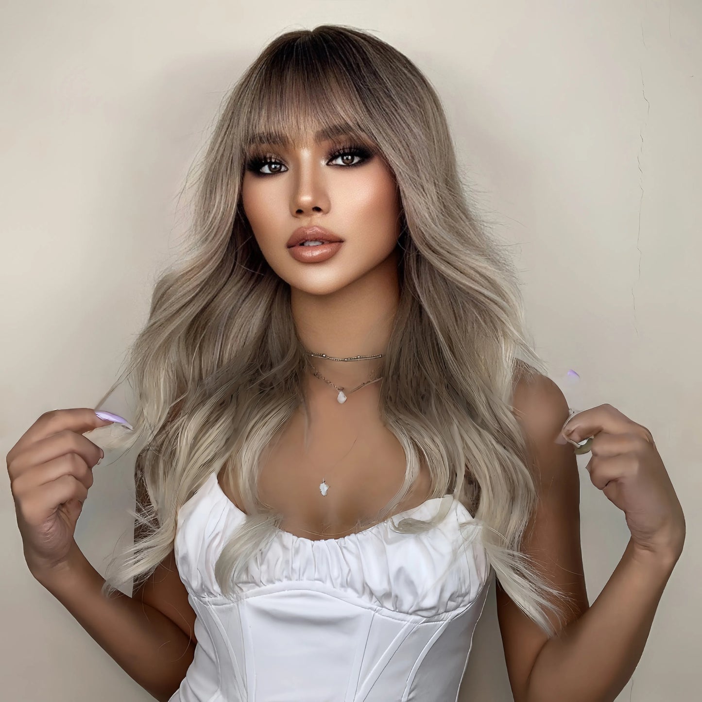 Ash Blonde Long Body Wave Wig Dark Rooted Platinum Synthetic Hair