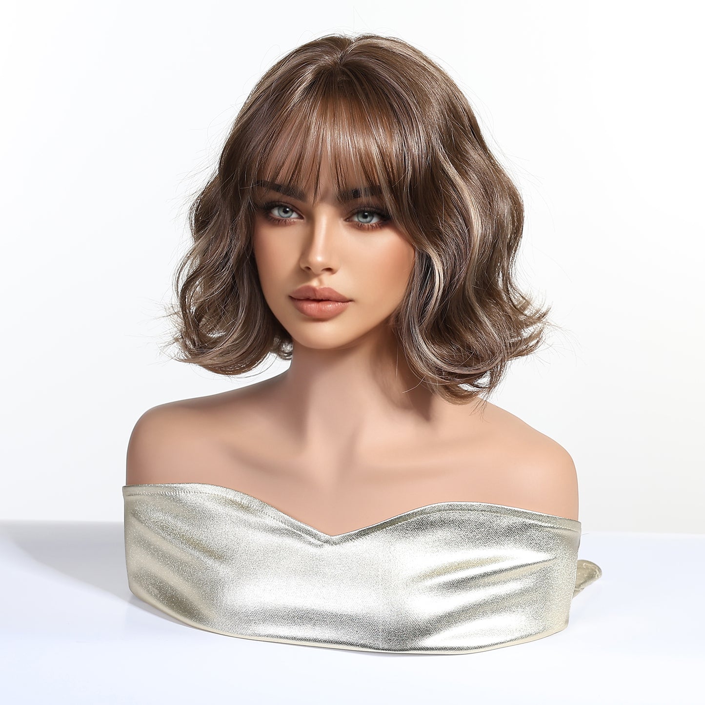 warm two tone brown bob synthetic wig with bangs styling view
