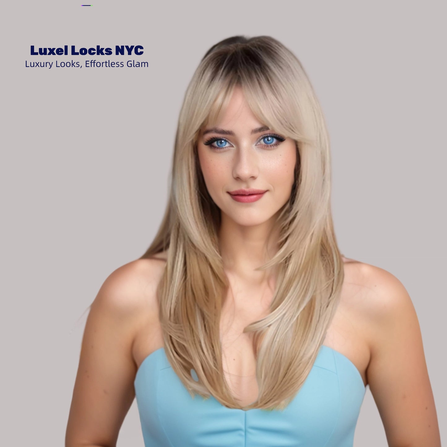 Honey Blonde Balayage Long Straight Wig with Bangs - Warm Brown Rooted Synthetic Hair - Synthetic Wig