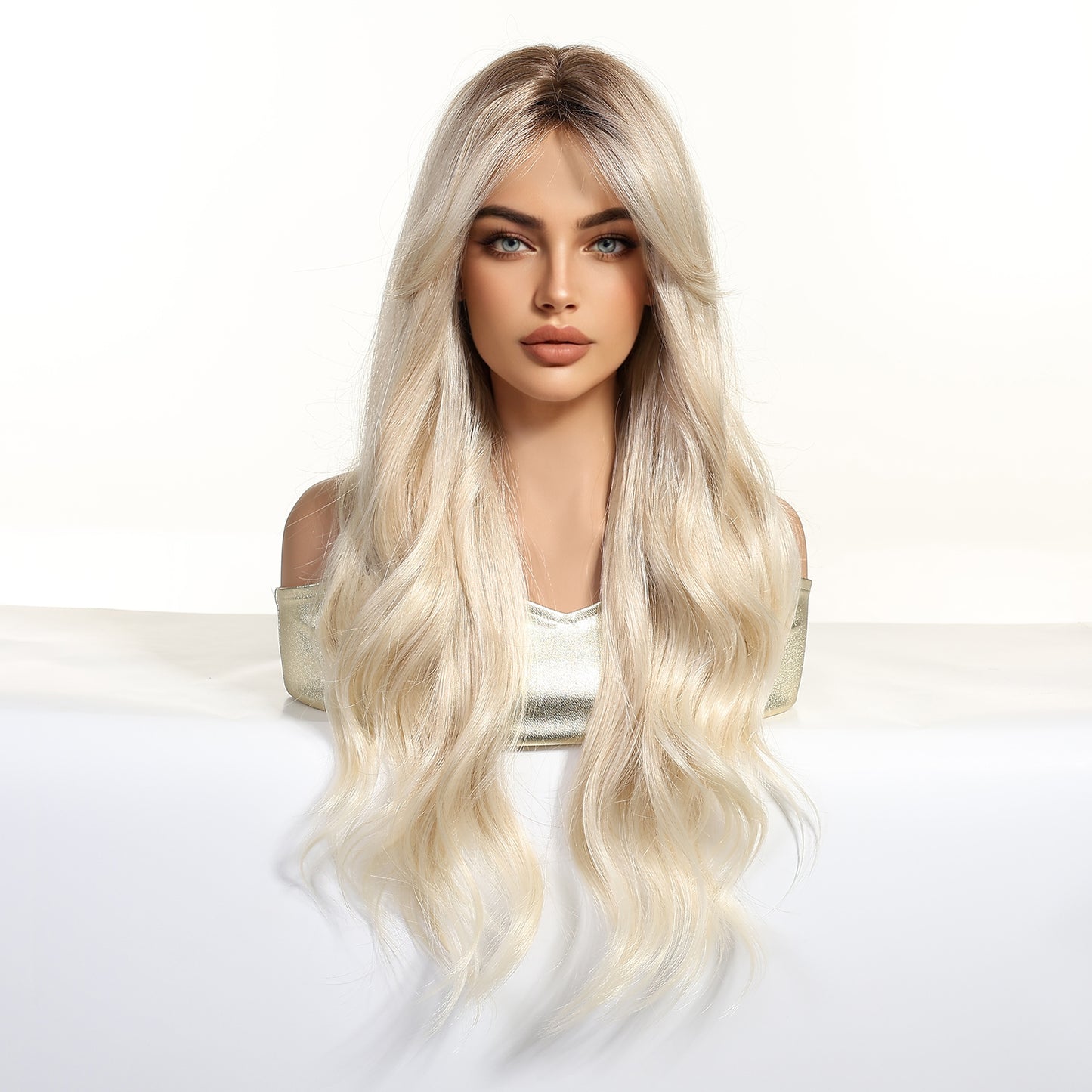 long platinum blonde wavy synthetic wig back view