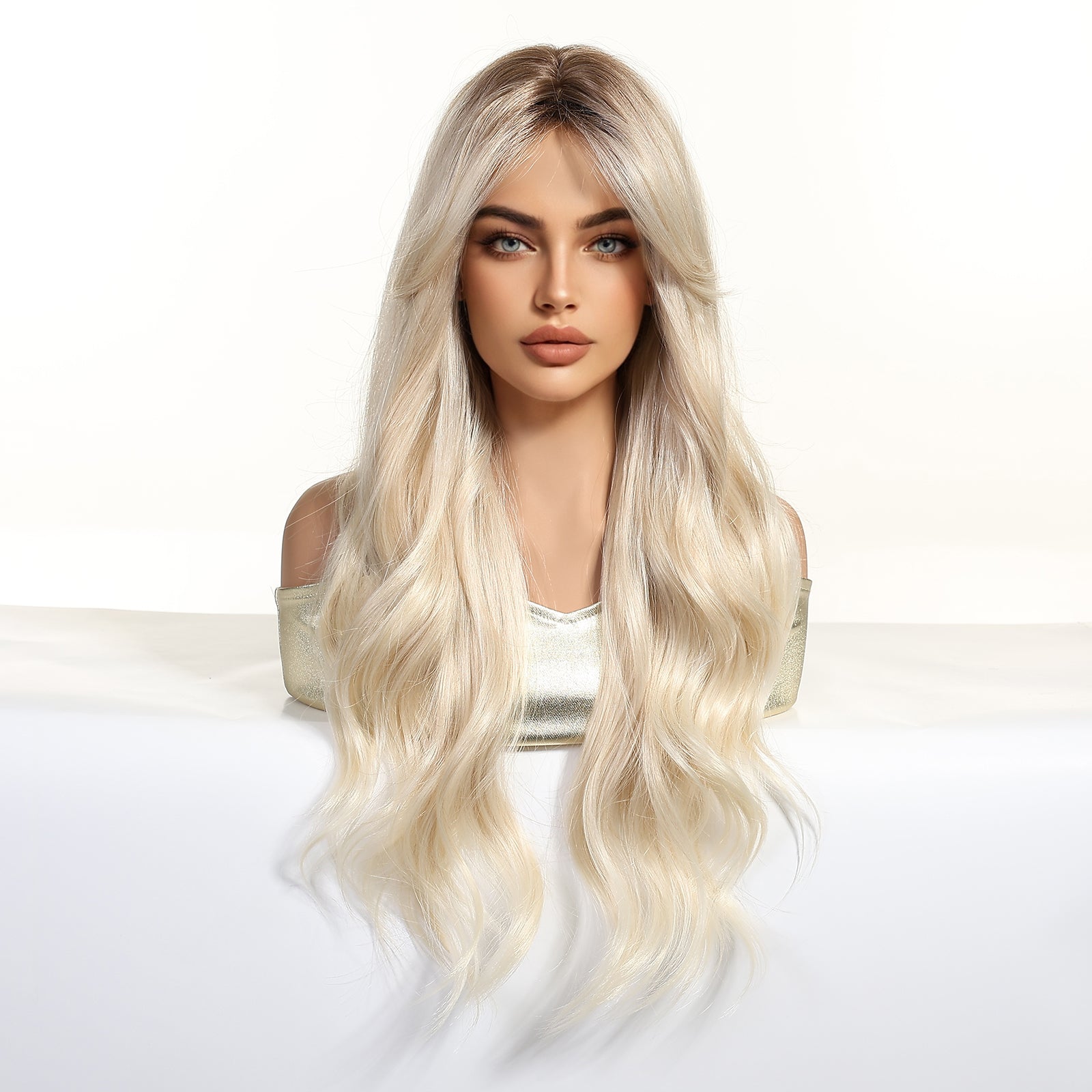 long platinum blonde wavy synthetic wig back view