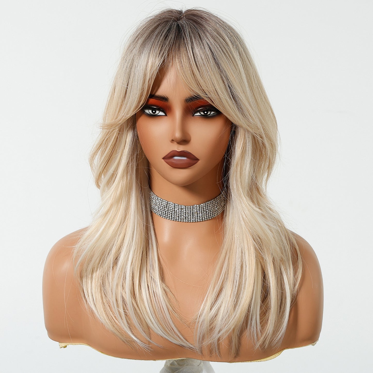 Ash Blonde Long Wavy Wig with Bangs - Cool Multi-Tonal Layered Synthetic Hair - Synthetic Wig view 1