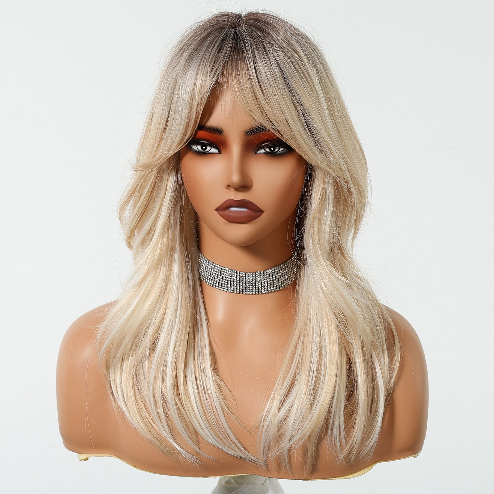 Ash Blonde Long Wavy Wig with Bangs - Cool Multi-Tonal Layered Synthetic Hair - Synthetic Wig view 1