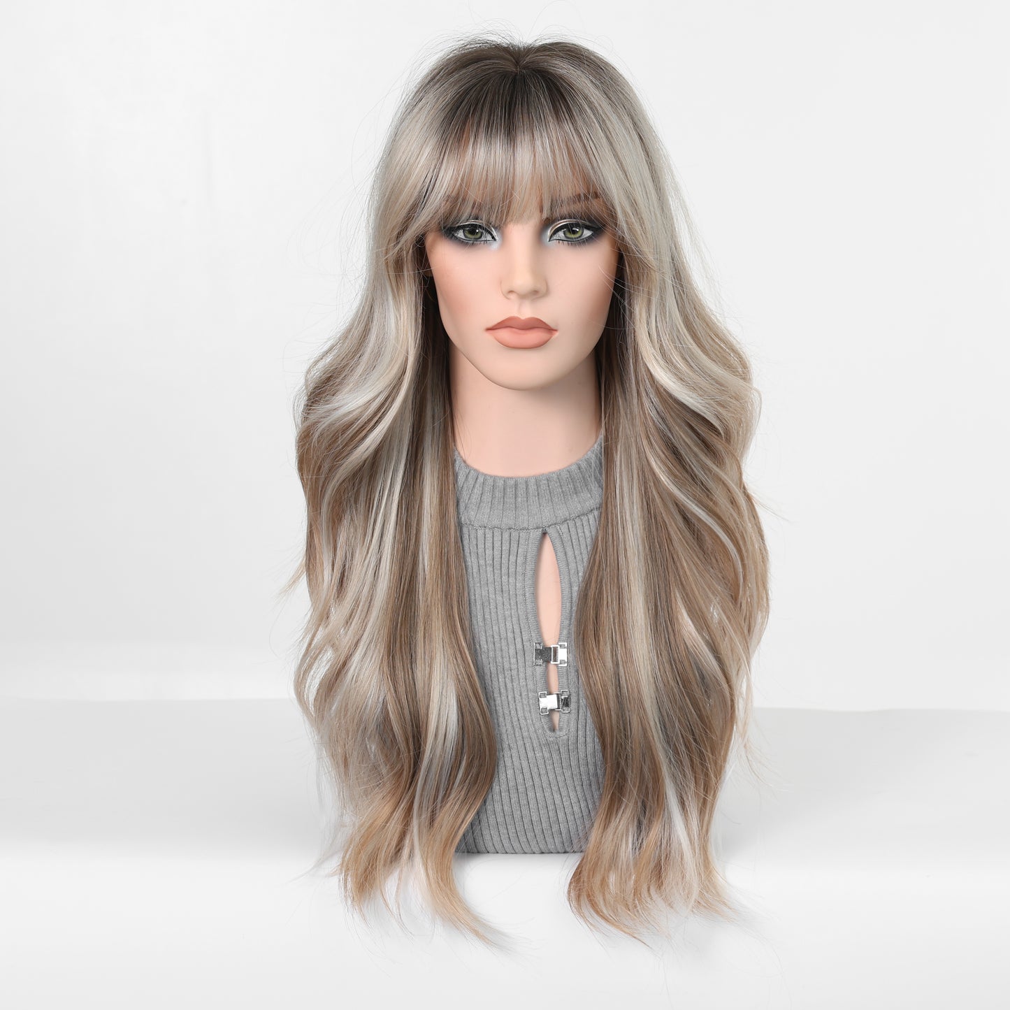 long ash blonde highlighted wavy with bangs synthetic wig hair texture detail