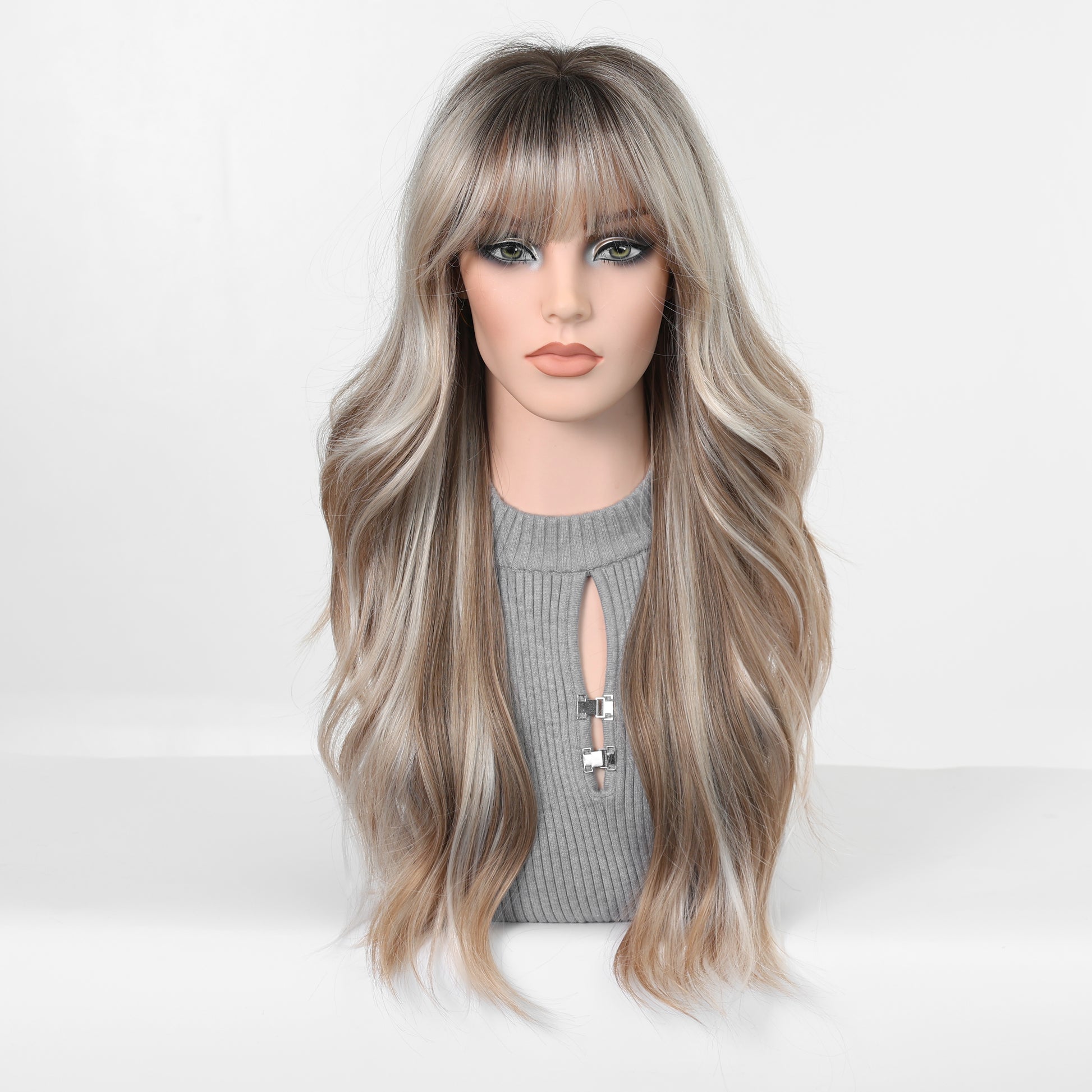 long ash blonde highlighted wavy with bangs synthetic wig hair texture detail