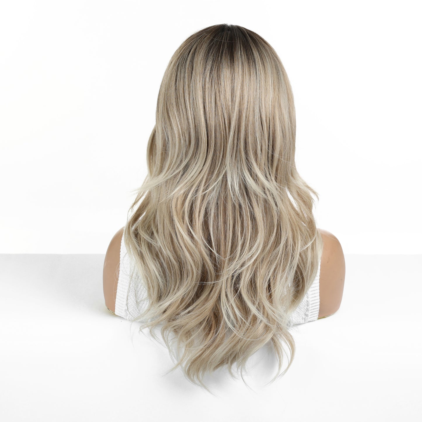 long ash blonde wavy with bangs synthetic wig back view