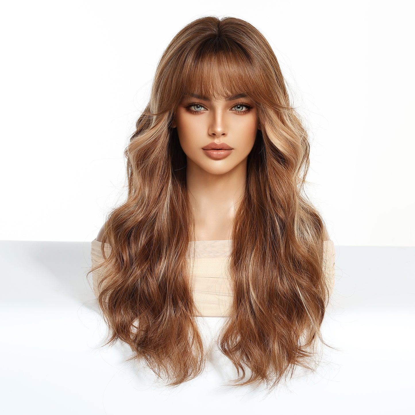 Warm Brown Caramel Balayage Body Wave Wig with Bangs - Honey Blonde Highlights 24 Inch - Synthetic Wig view 1