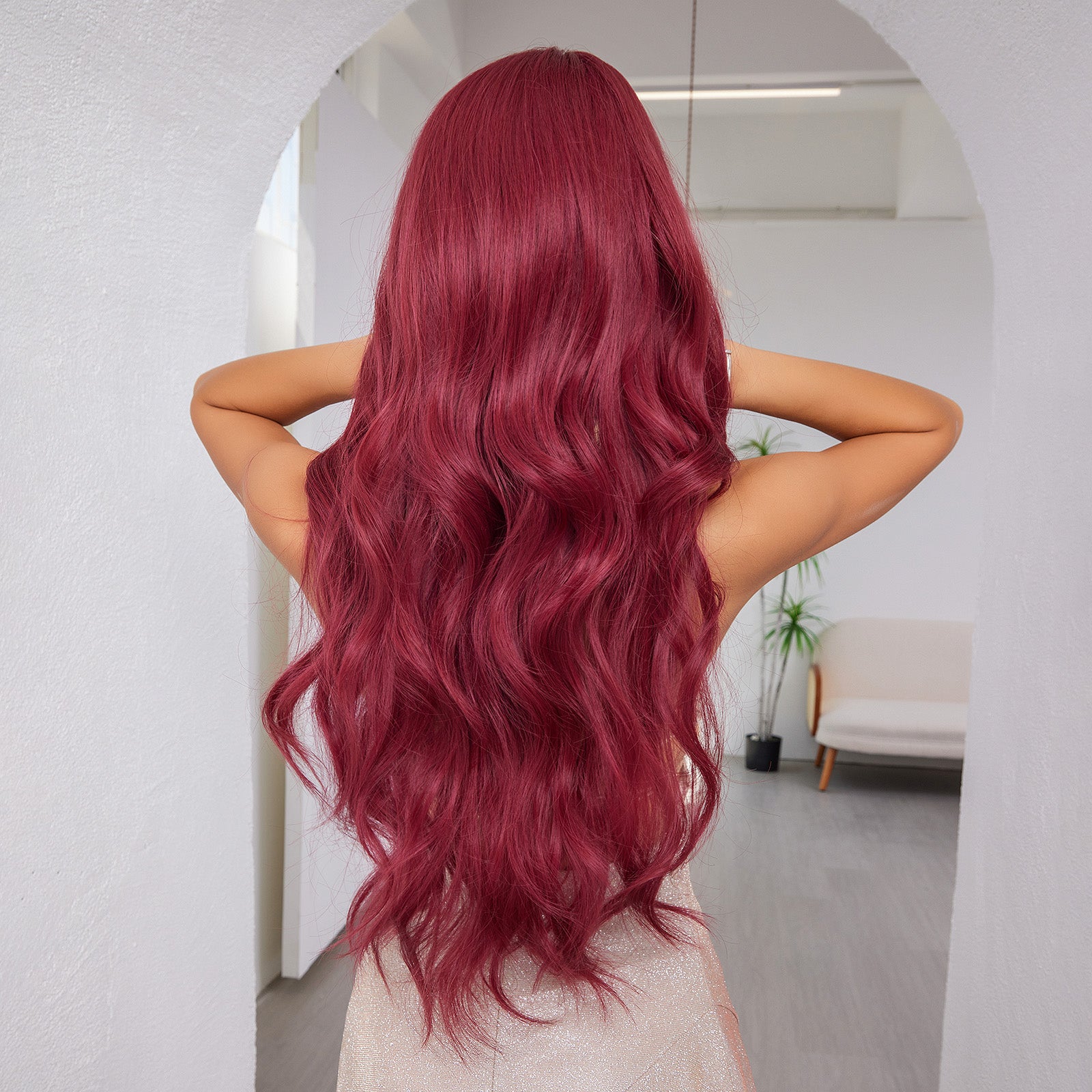 long wine red wavy with bangs synthetic wig styling view