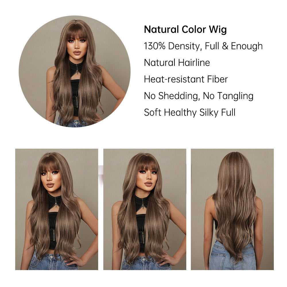 Mushroom Brown Caramel Body Wave Wig with Bangs - Cool Highlighted Synthetic Hair 24 Inch - Synthetic Wig view 3