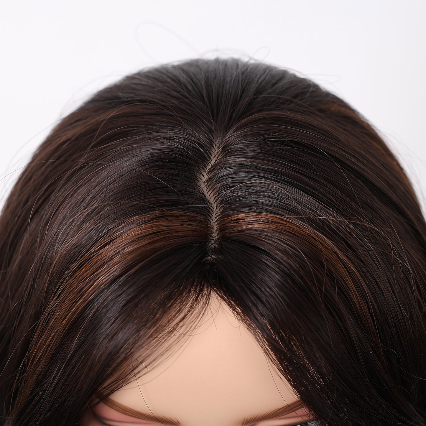 Dark Brown Long Deep Wave Wig with Bangs - Warm Chestnut Highlighted Synthetic Hair 24 Inch - Synthetic Wig view 5