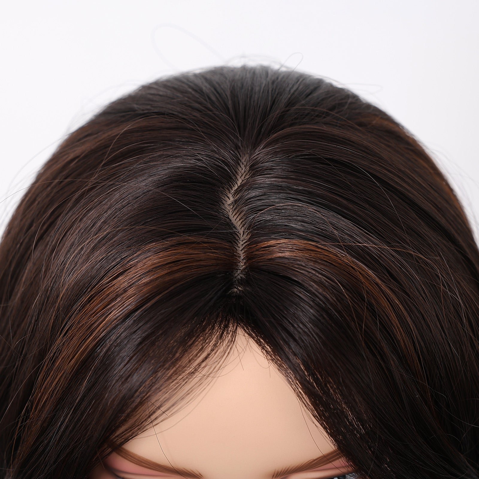 Dark Brown Long Deep Wave Wig with Bangs - Warm Chestnut Highlighted Synthetic Hair 24 Inch - Synthetic Wig view 5