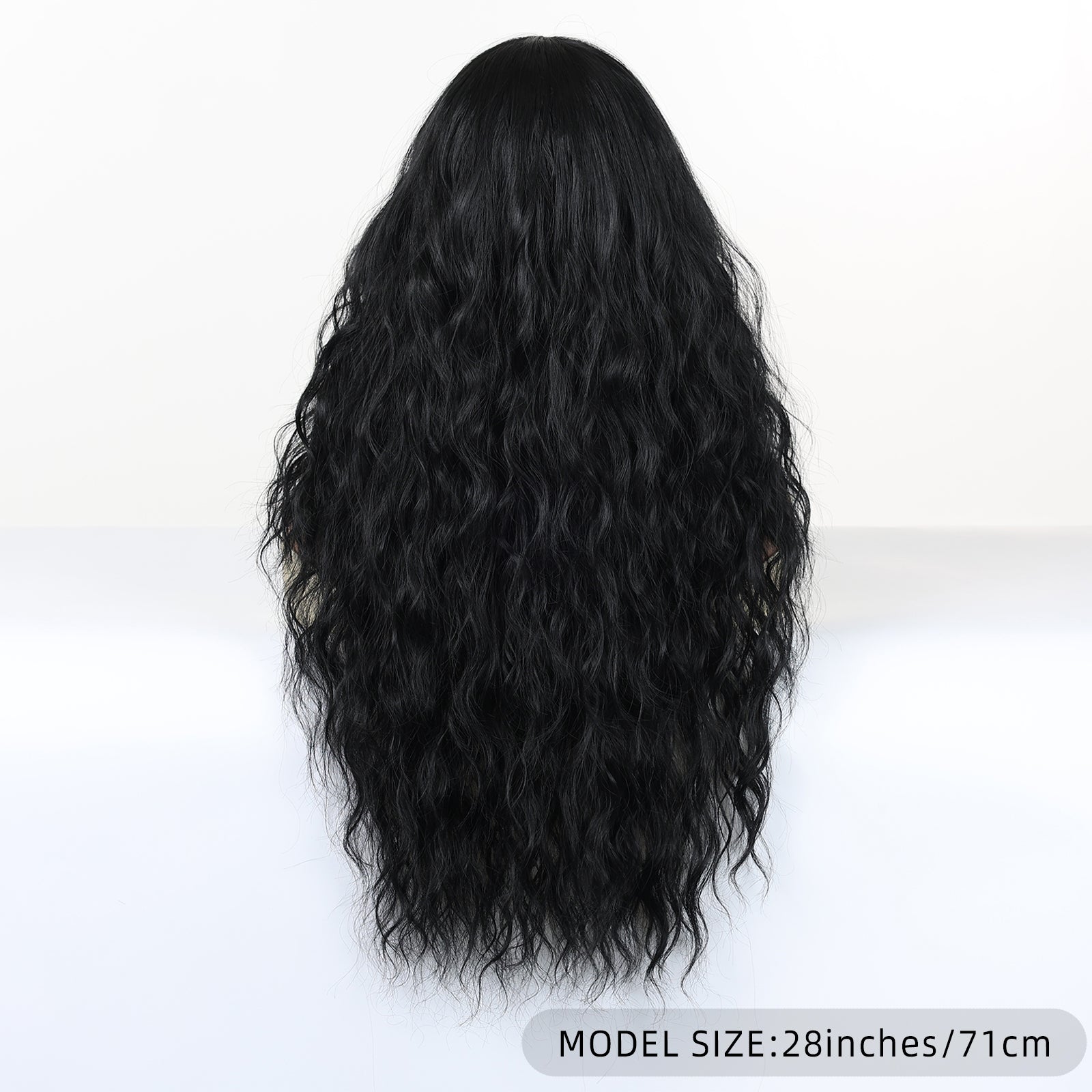 Jet Black Extra-Long Deep Wave Wig - No Bangs Synthetic Hair 28 Inch - Synthetic Wig view 3