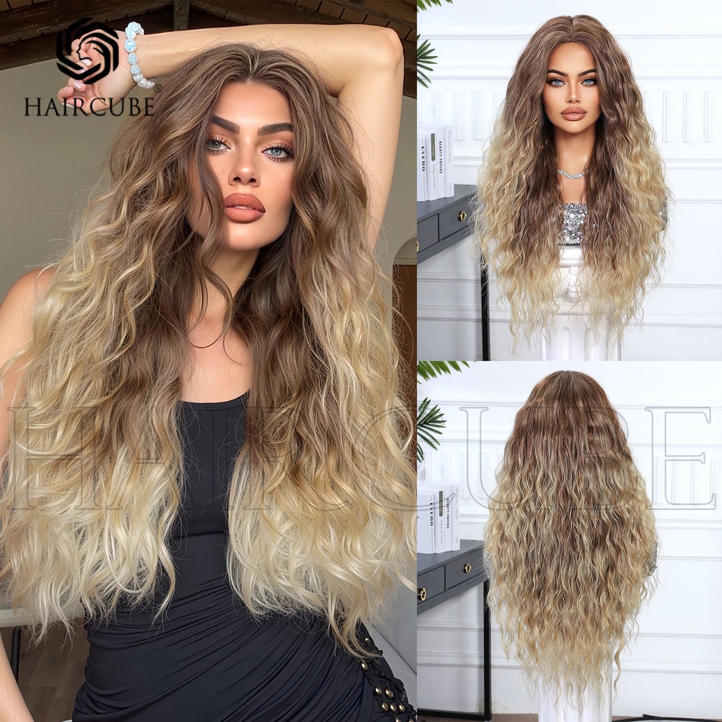 Warm Brown to Honey Blonde Balayage Deep Wave Wig - Golden Ombre Synthetic Hair 28 Inch - Synthetic Wig view 1