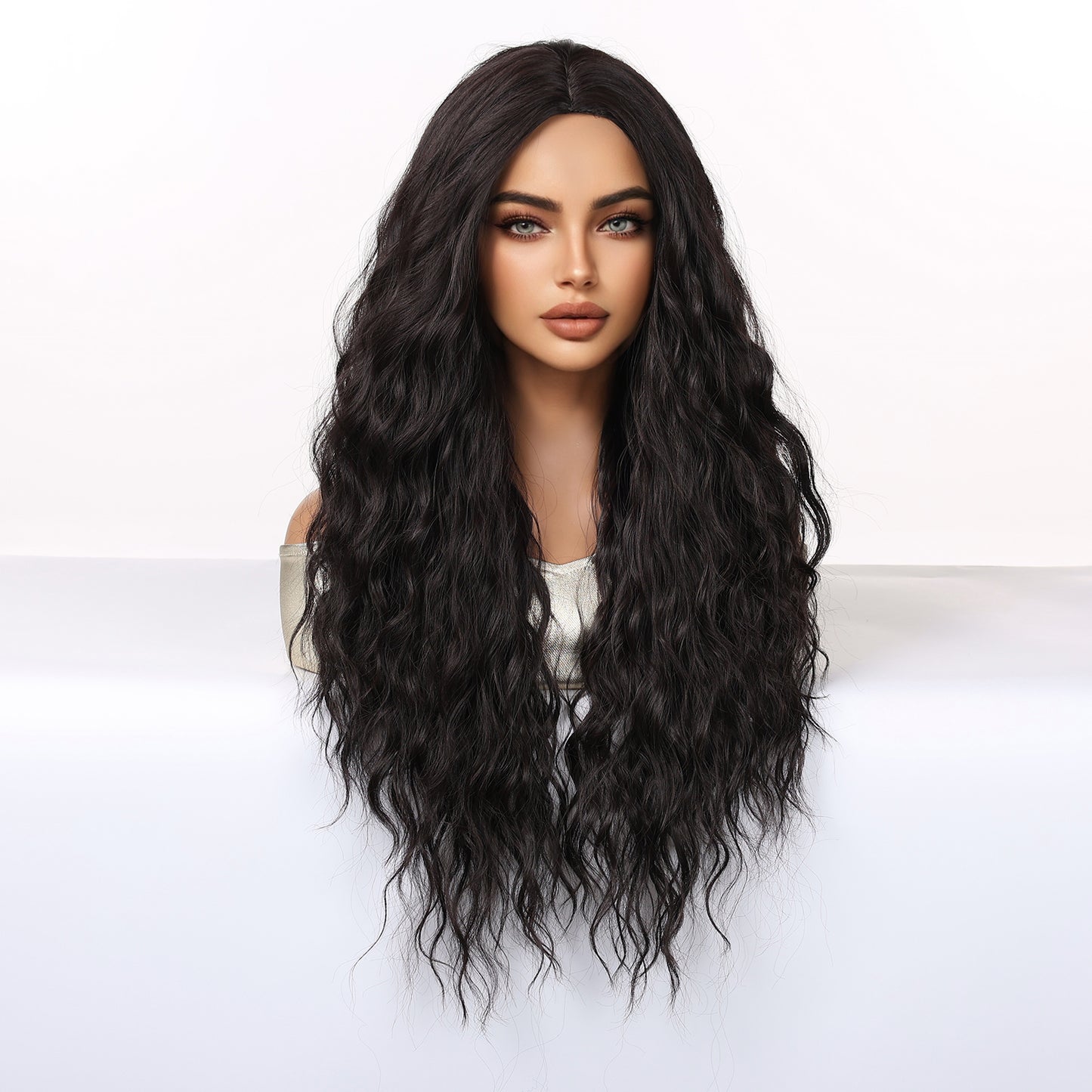 Jet Black Extra-Long Deep Wave Wig - No Bangs Synthetic Hair 28 Inch - Synthetic Wig view 6