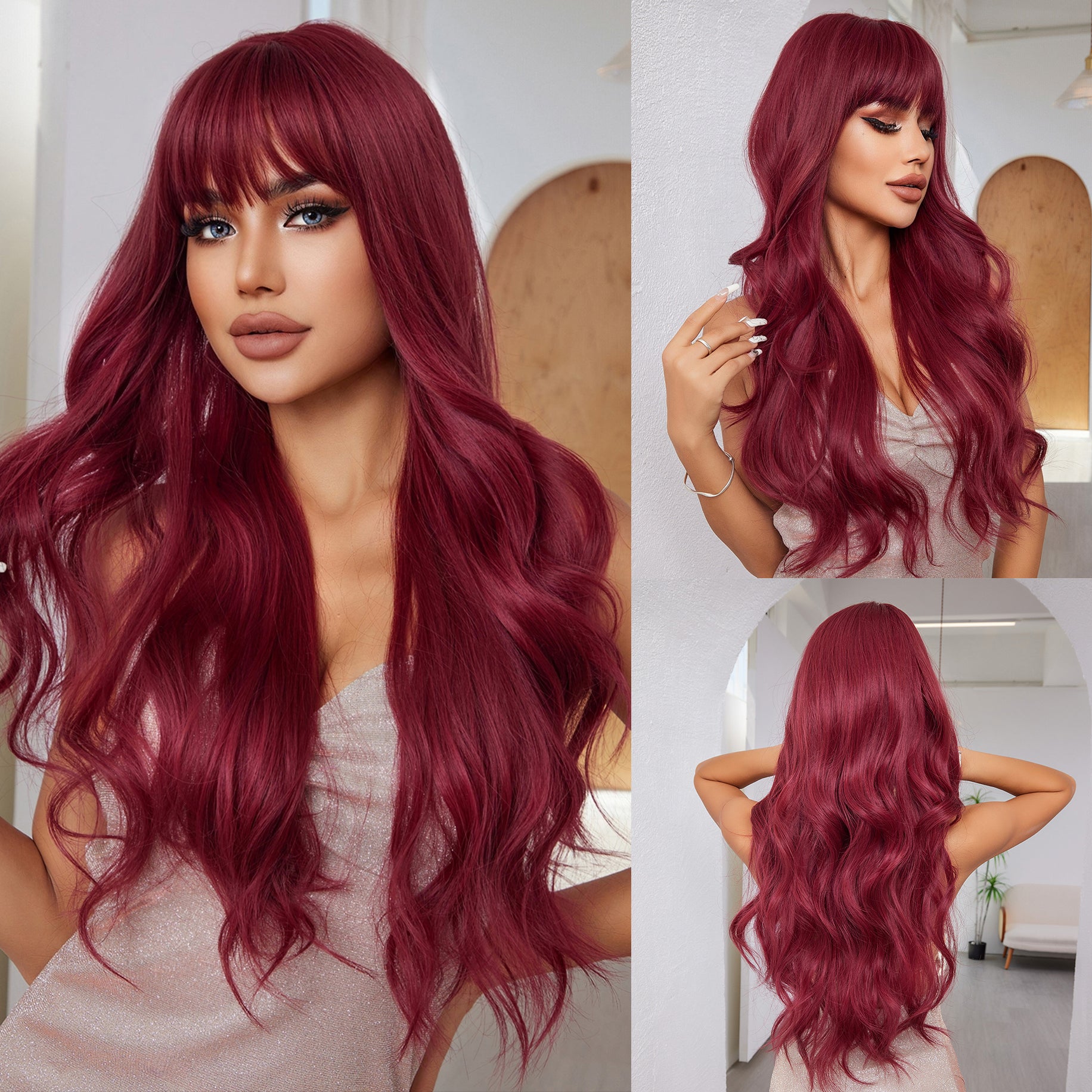 long wine red wavy with bangs synthetic wig front view