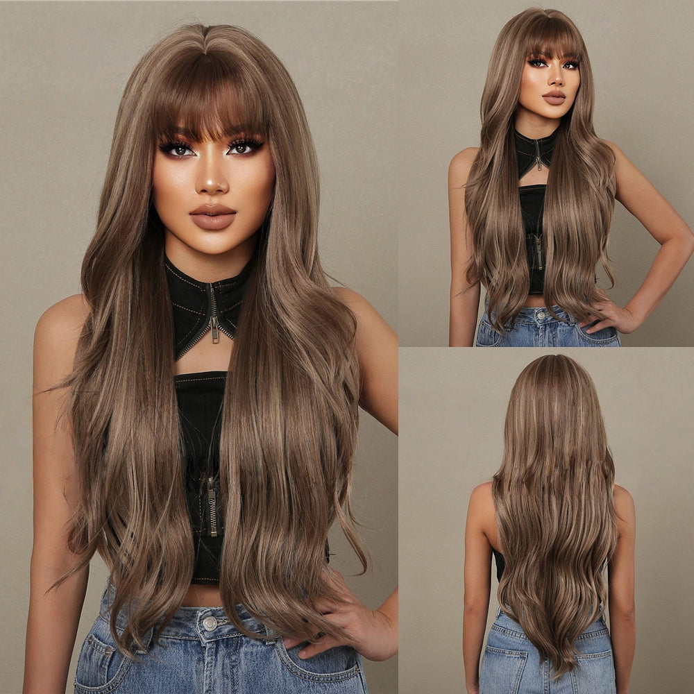Mushroom Brown Caramel Body Wave Wig with Bangs - Cool Highlighted Synthetic Hair 24 Inch - Synthetic Wig view 1