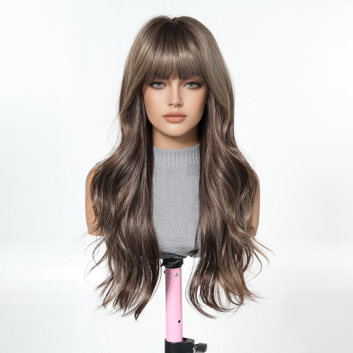 Ash Brown Caramel Body Wave Wig with Bangs - Warm Highlighted Synthetic Hair 24 Inch - Synthetic Wig view 2