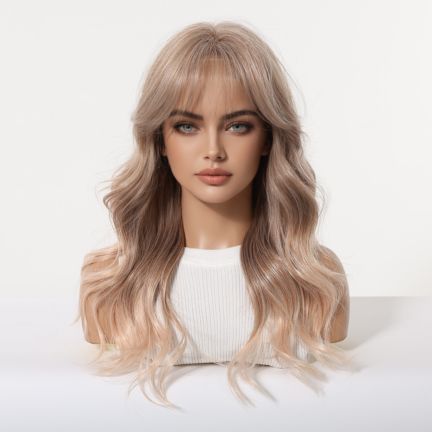 ash blonde body wave wig with bangs honey highlights side view