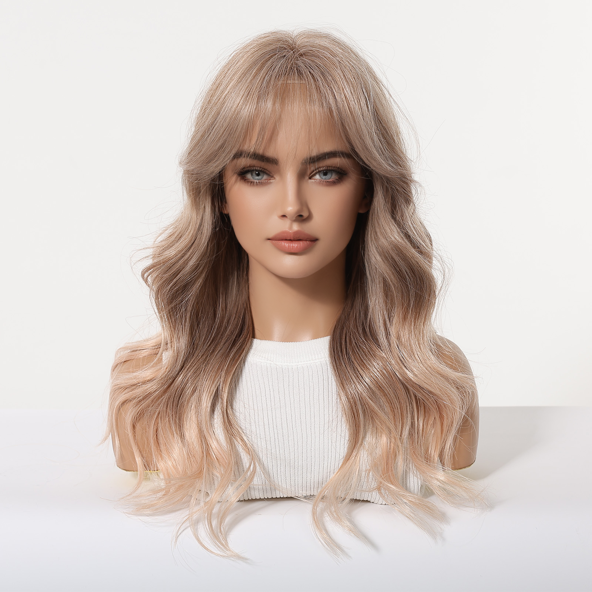 ash blonde body wave wig with bangs honey highlights side view