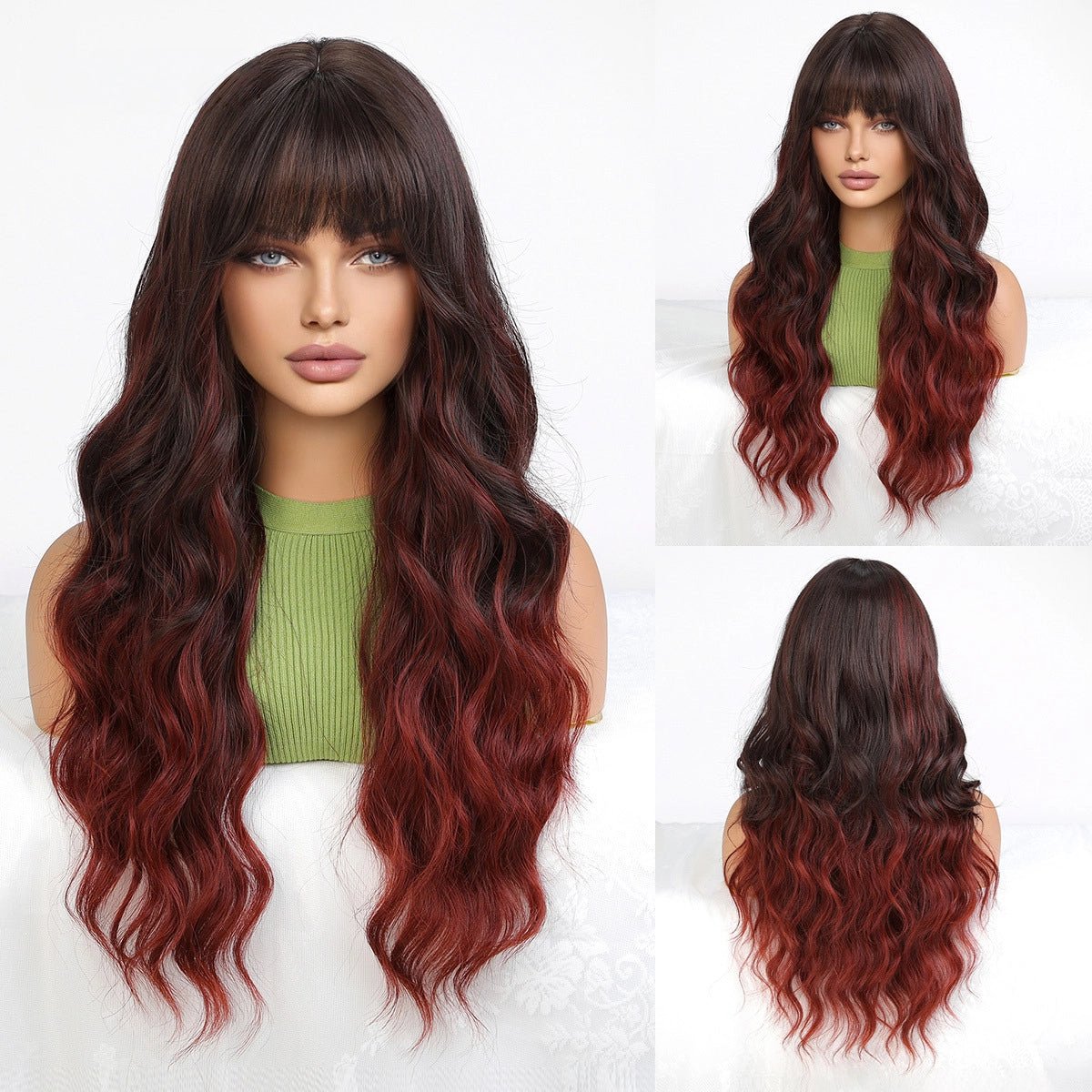 Warm Brown Caramel Balayage Deep Wave Wig with Bangs - Honey Highlighted Synthetic Hair 26 Inch - Synthetic Wig view 1