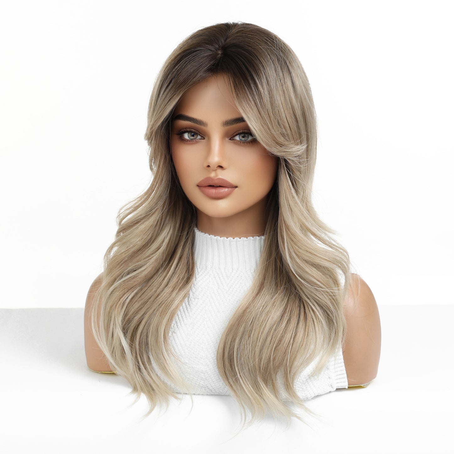 long ash blonde wavy with bangs synthetic wig styling view