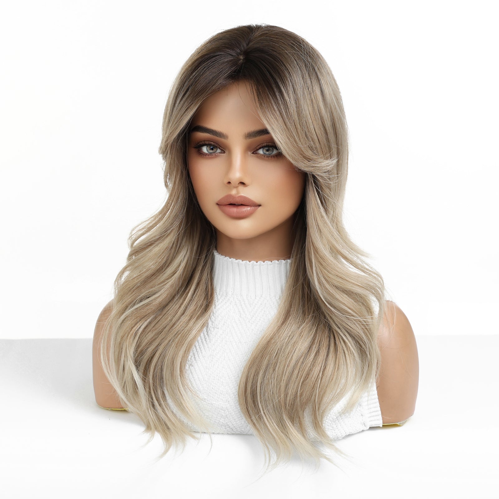 long ash blonde wavy with bangs synthetic wig styling view