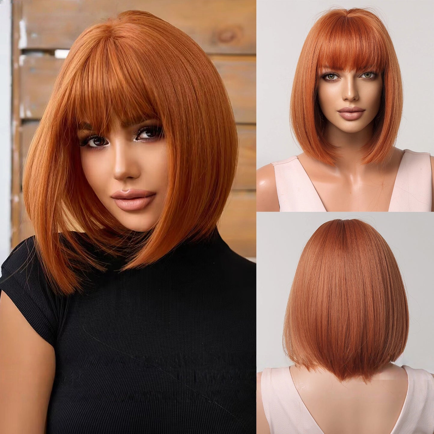 Copper Red Short Bob Wig with Bangs - Vivid Warm Tone Synthetic Hair - Synthetic Wig