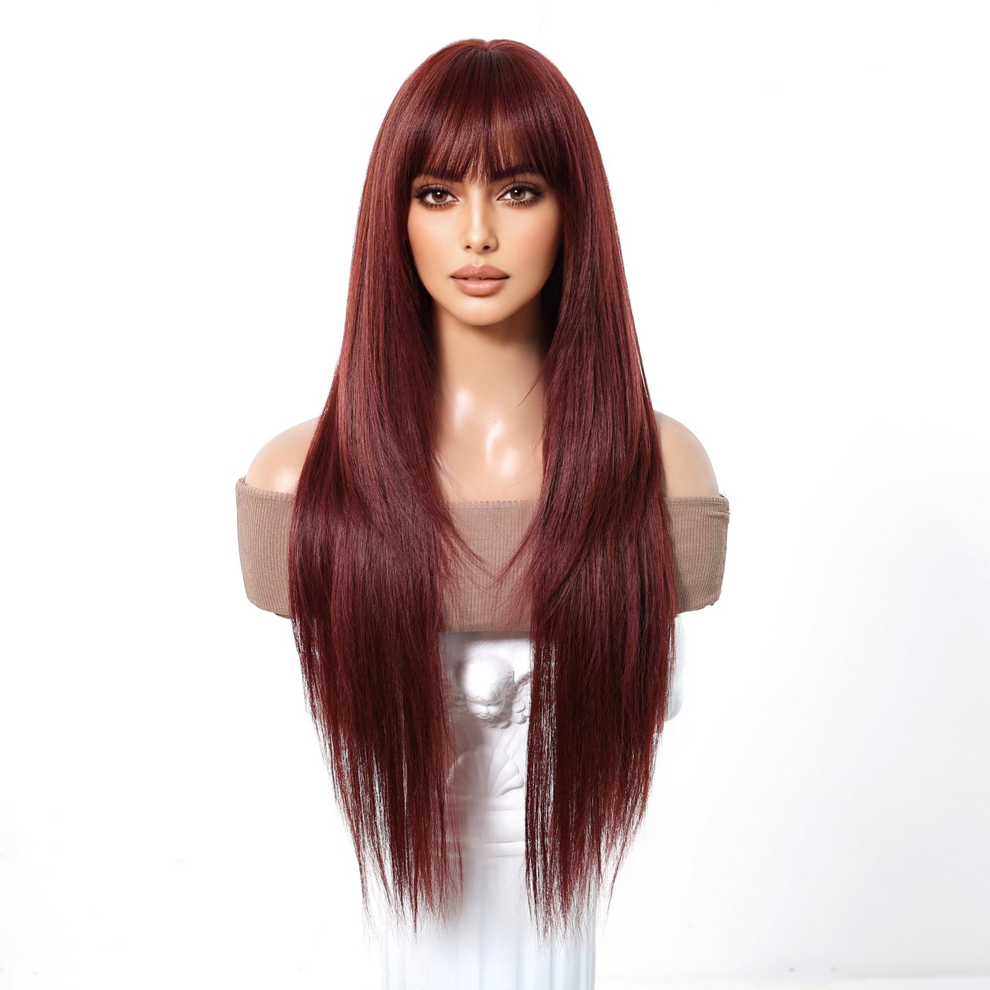 Burgundy Long Straight Wig with Bangs - Deep Wine Red Uniform Synthetic Hair 28 Inch - Synthetic Wig view 5
