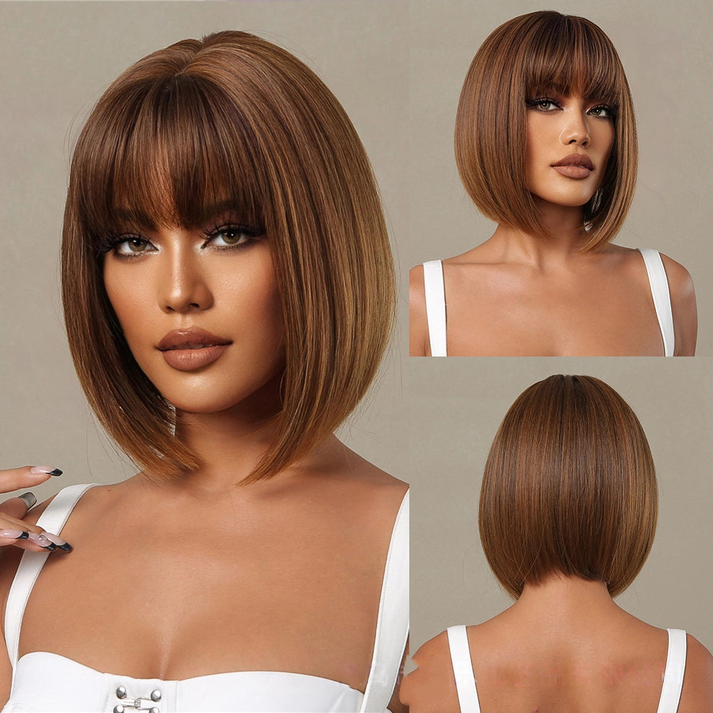 Warm Brown Caramel Short Bob Wig - Balayage Blunt Cut Synthetic Hair - Synthetic Wig