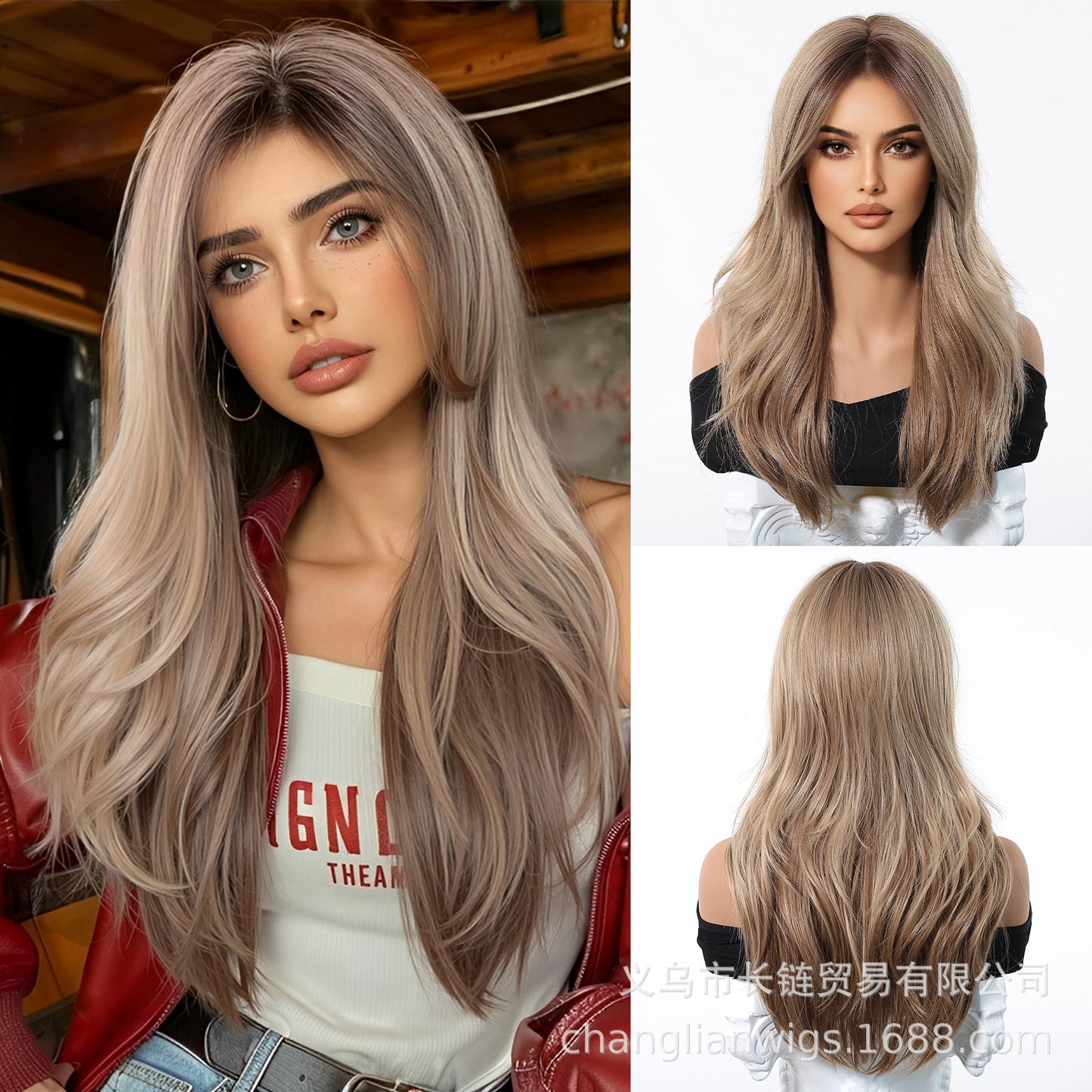 Honey Blonde Balayage Long Wavy Wig with Bangs - Golden Sun-Kissed Synthetic Hair - Synthetic Wig view 1