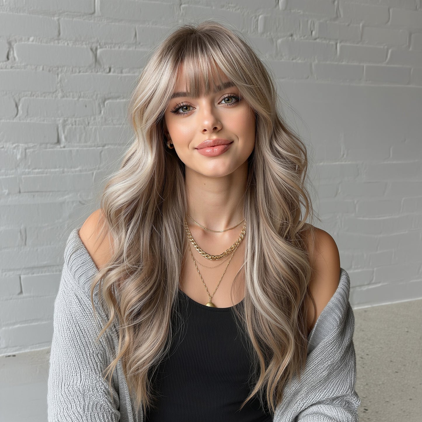 long ash blonde highlighted wavy with bangs synthetic wig front view