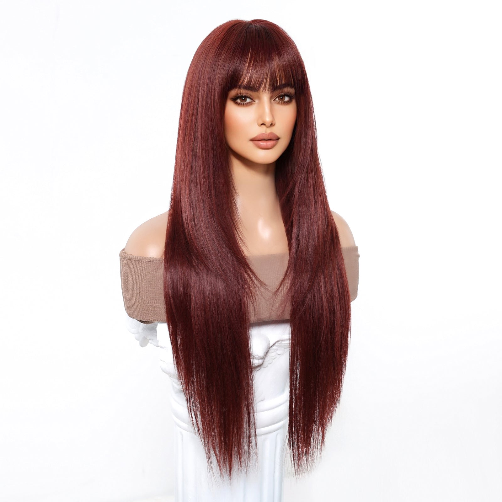 Burgundy Long Straight Wig with Bangs - Deep Wine Red Uniform Synthetic Hair 28 Inch - Synthetic Wig view 4