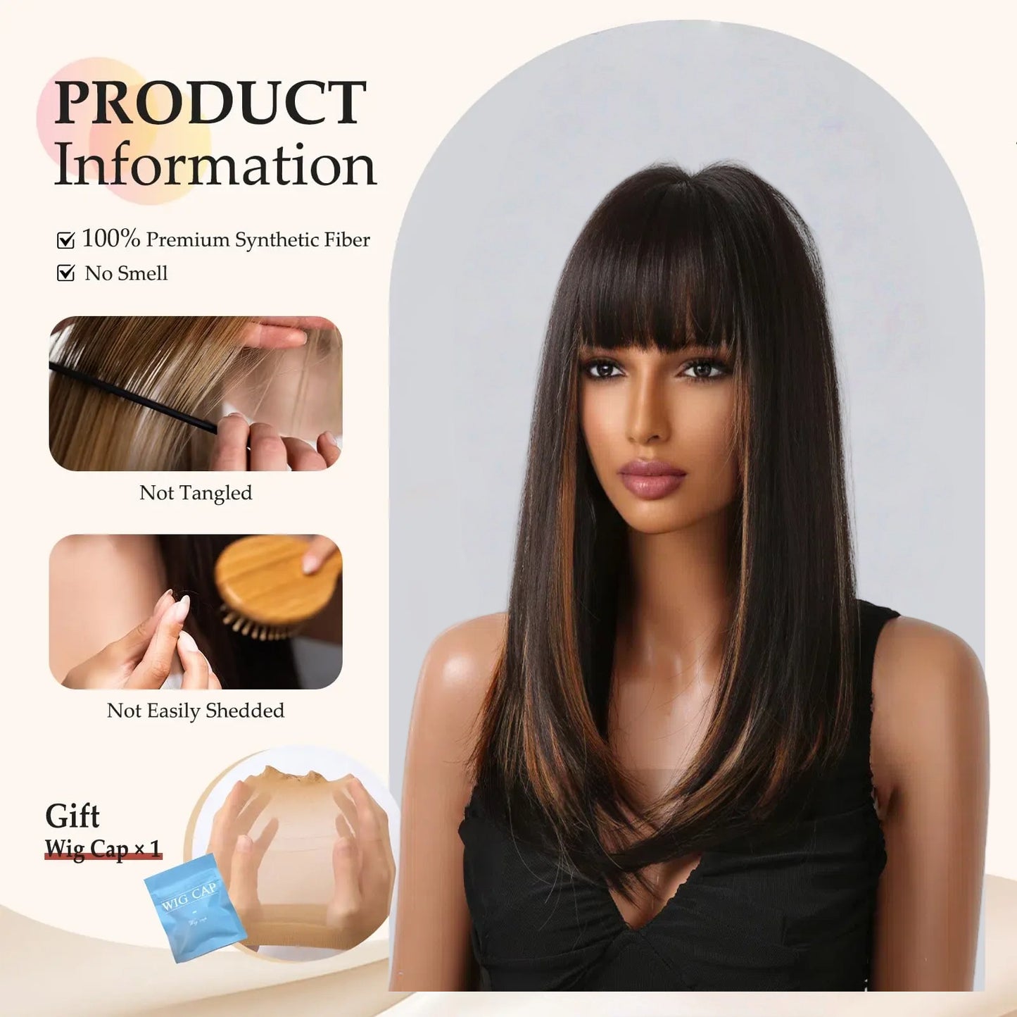 Dark Brown Caramel Balayage Long Straight Wig with Bangs - Warm Highlighted Synthetic Hair - Synthetic Wig