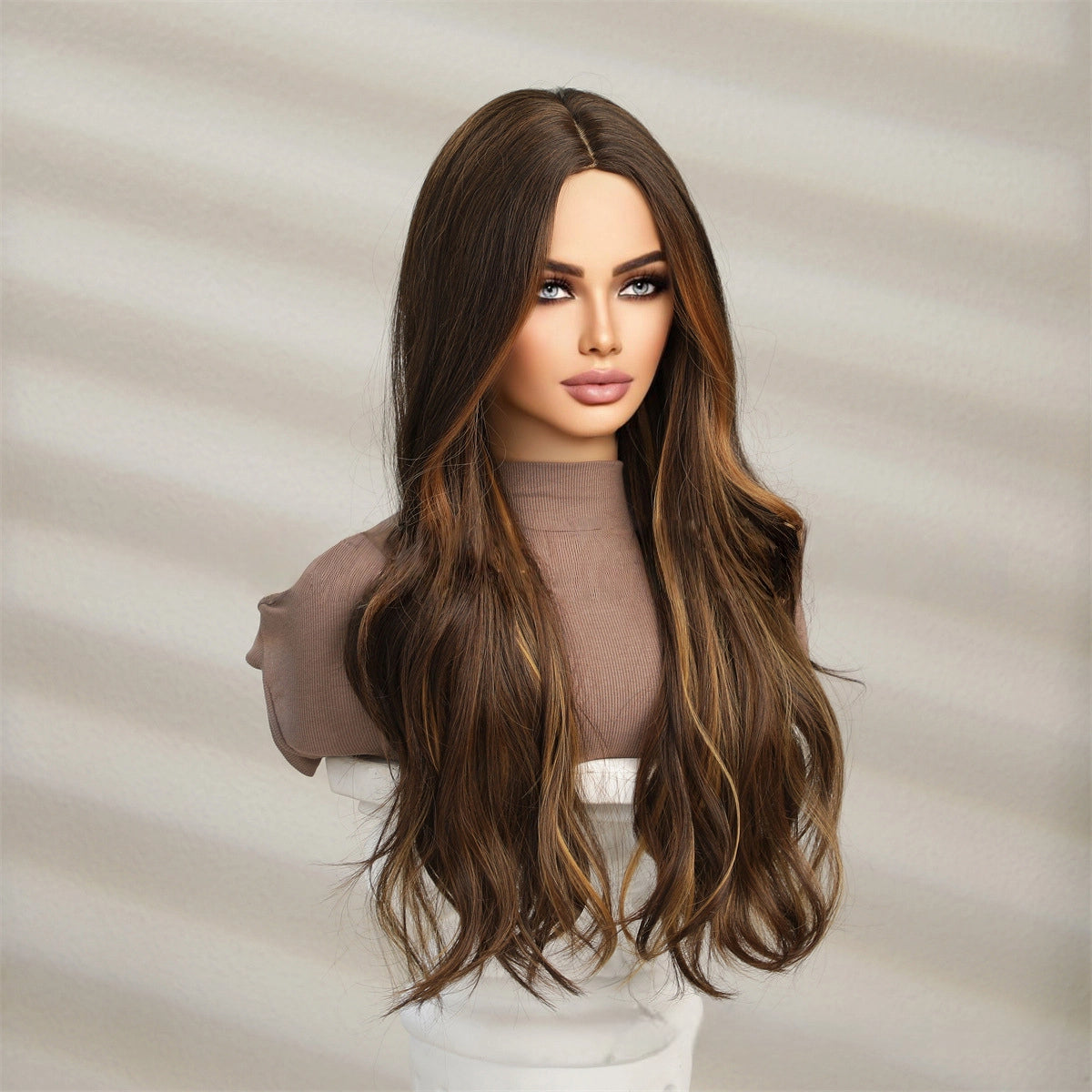 long medium brown wavy synthetic wig hair texture detail