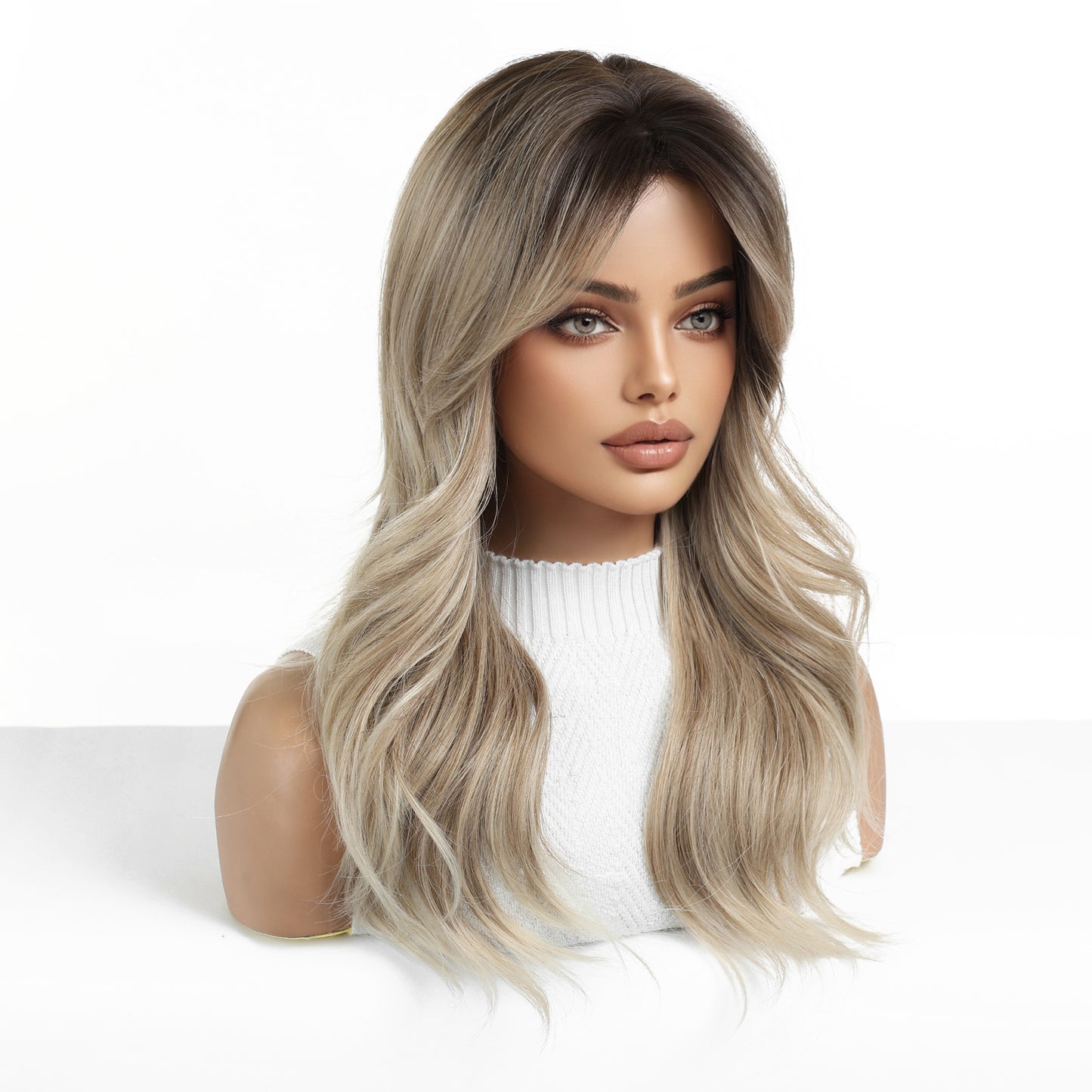 long ash blonde wavy with bangs synthetic wig hair texture detail