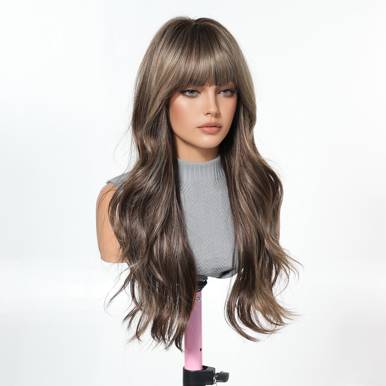 Ash Brown Caramel Body Wave Wig with Bangs - Warm Highlighted Synthetic Hair 24 Inch - Synthetic Wig view 4