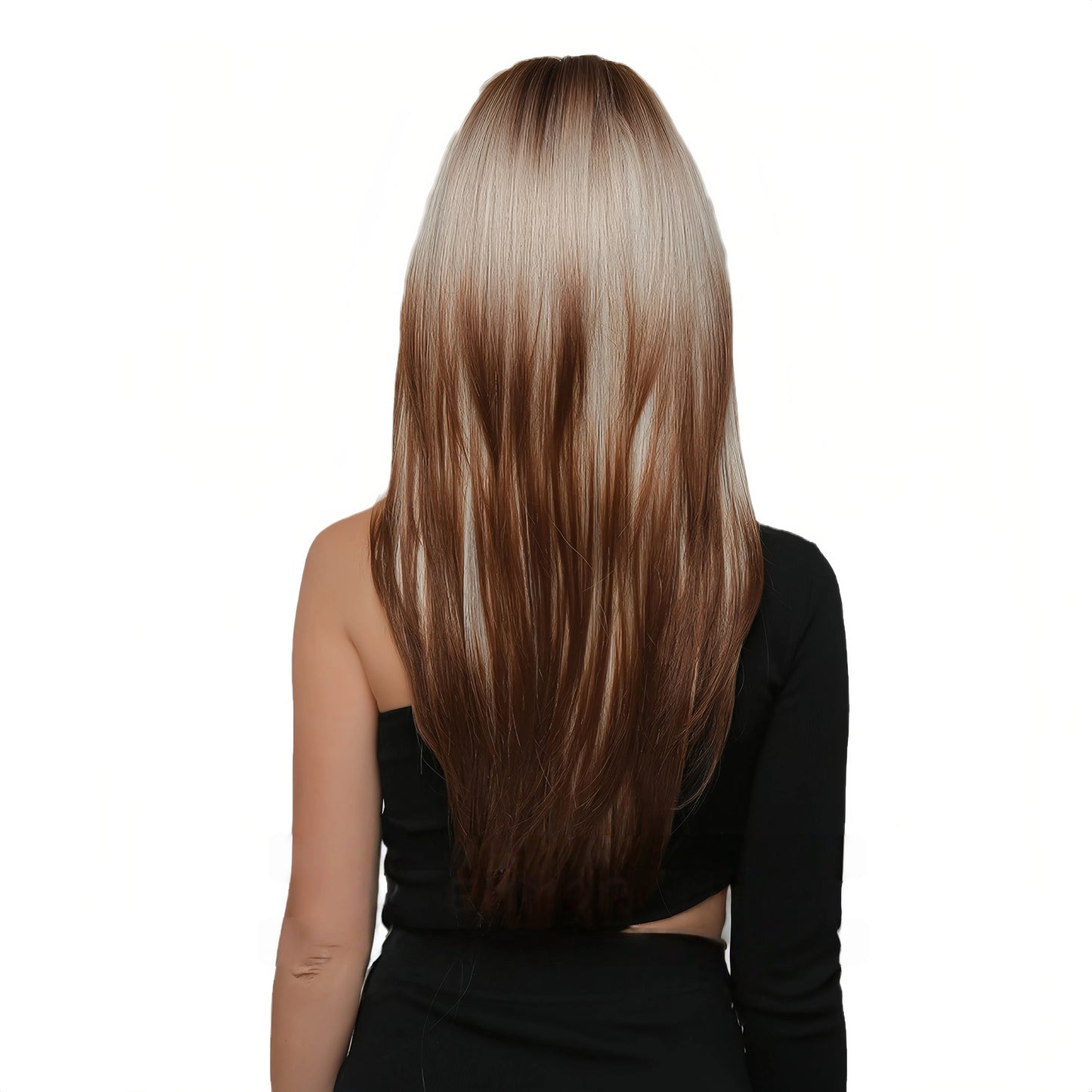 long ash blonde and chestnut brown balayage straight balayage synthetic wig color close up